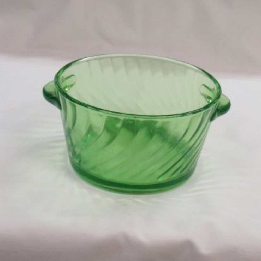 Hocking Depression Glass Green Spiral Tab Handled Ice or Butter Tub
